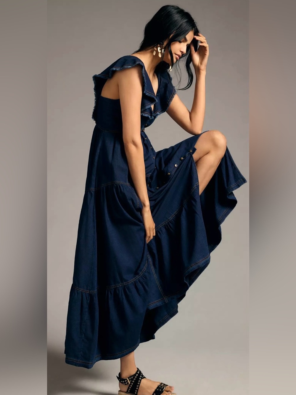 Anthropologie Pilcro Sweetheart Flutter-Sleeve Denim Buttondown Maxi Dress - Picture 6 of 13
